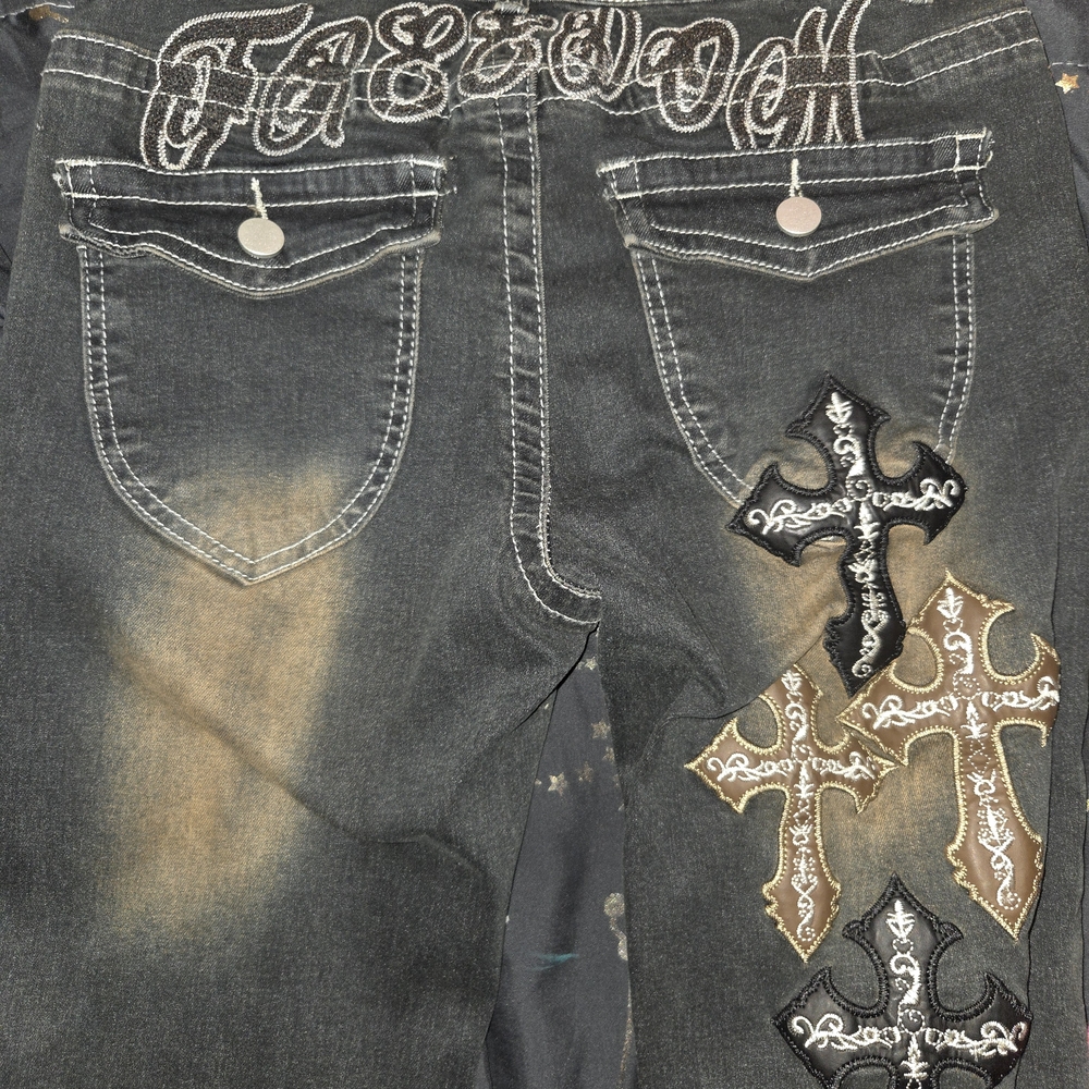 Embroidered Cross Design Jeans